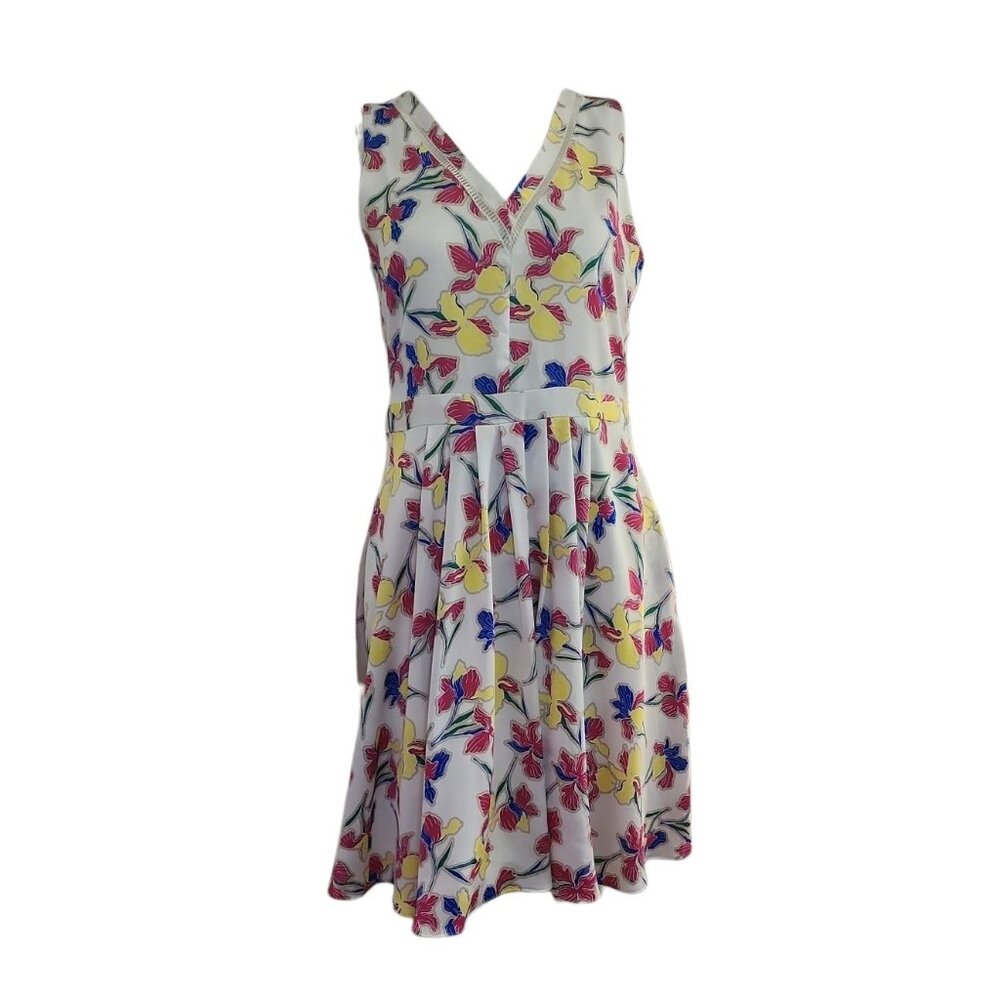 Banana Republic Dress Womens Size 10P 10 Petite White Floral Pleated Feminine‎